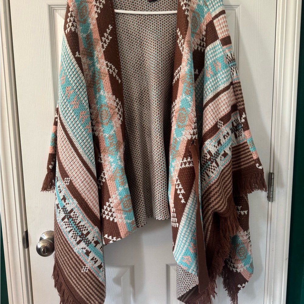 Brown and Teal Patterned Poncho